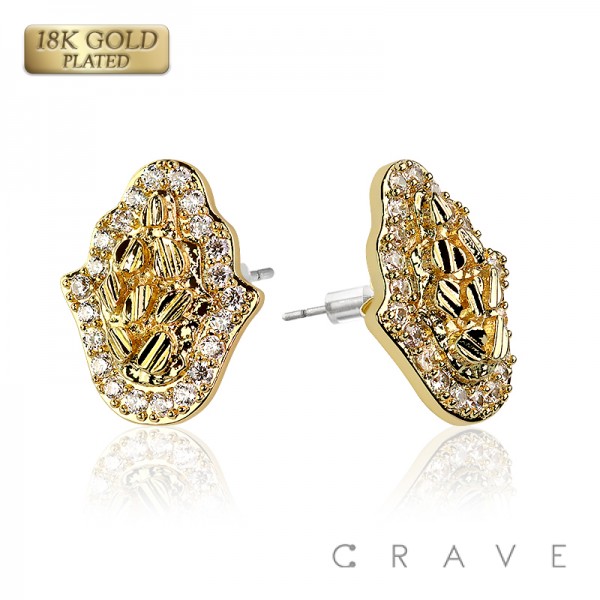 PAIR OF 18K GOLD PLATED INGOT CENTERED HAMSA HAND SHAPE NUGGET EARRINGS